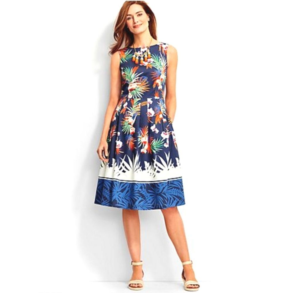 Talbots Blue Floral Sleeveless Knee Length Cocktail Dress W/Pockets Size 2P